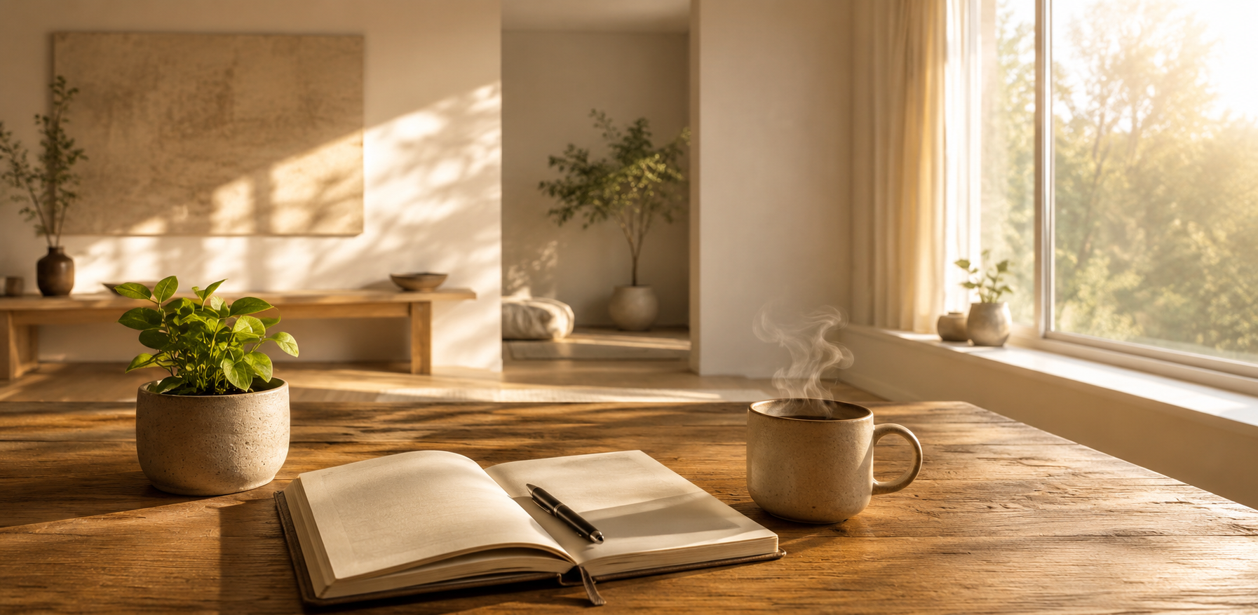 Peaceful Sunday morning ritual with coffee and journal